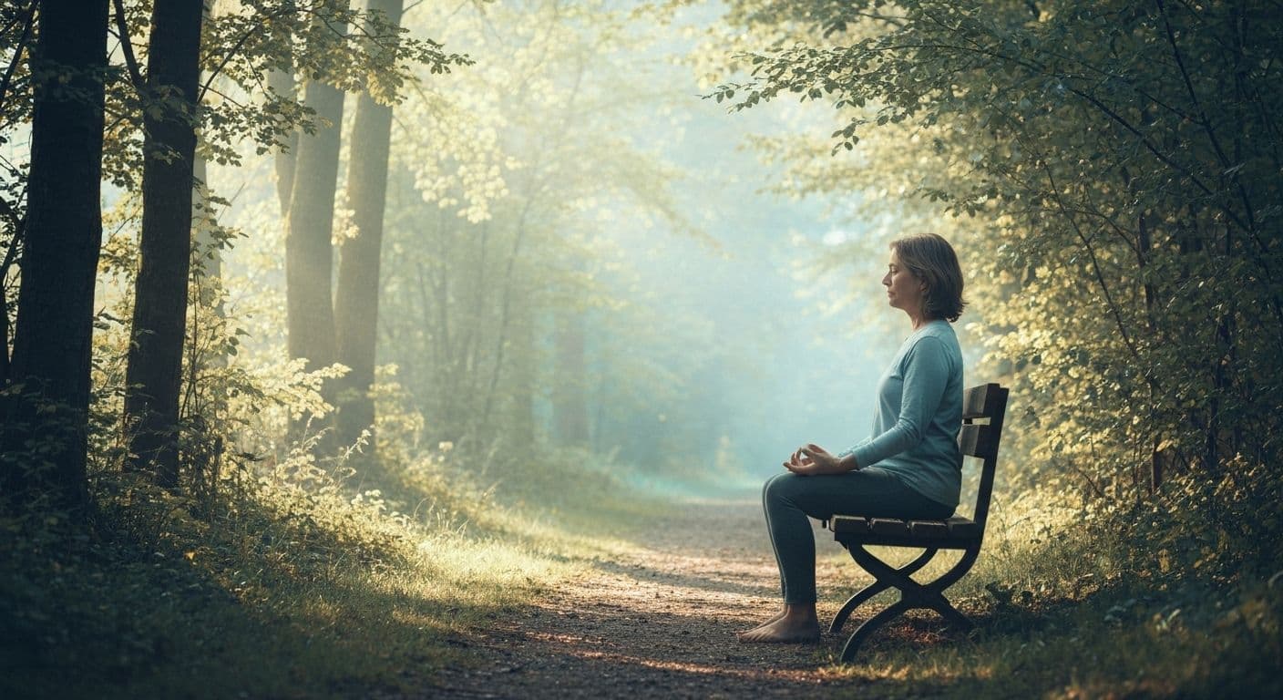 Person practicing gentle movement-based grief and meditation in peaceful natural setting