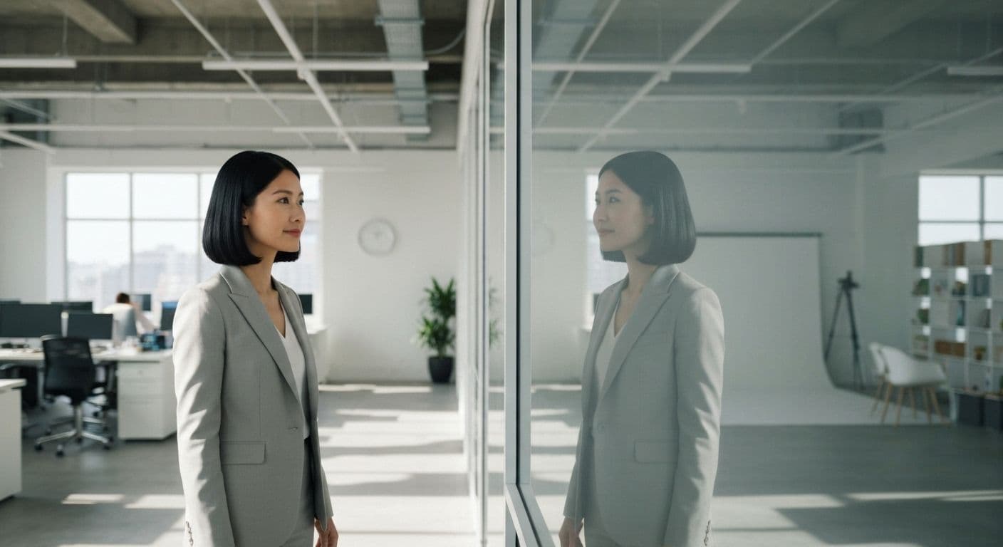 Person reflecting on self concept and awareness during career transition with journal and thoughtful expression