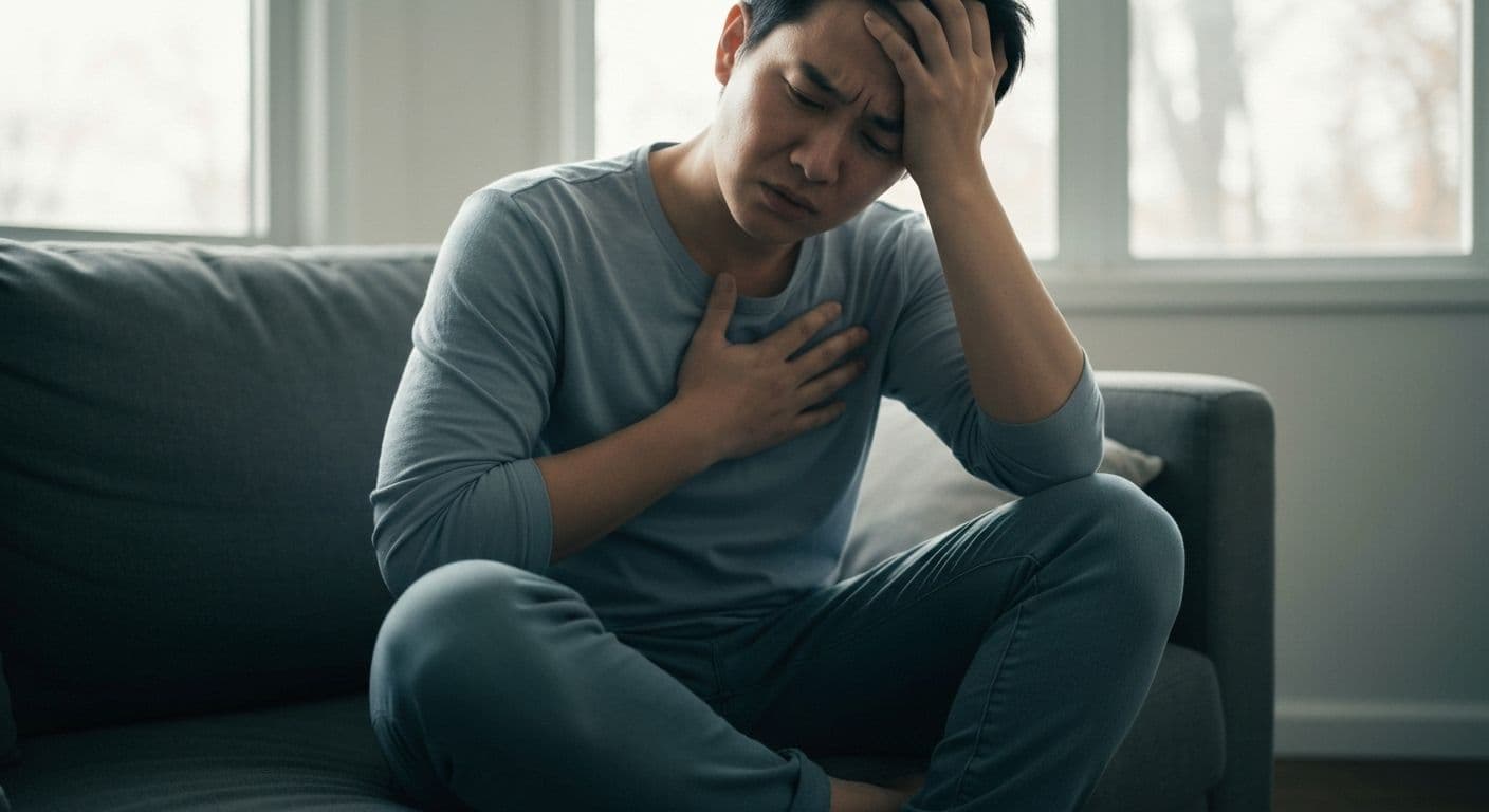 Person experiencing physical symptoms of emotional heartbreak with hand on chest showing mind-body connection
