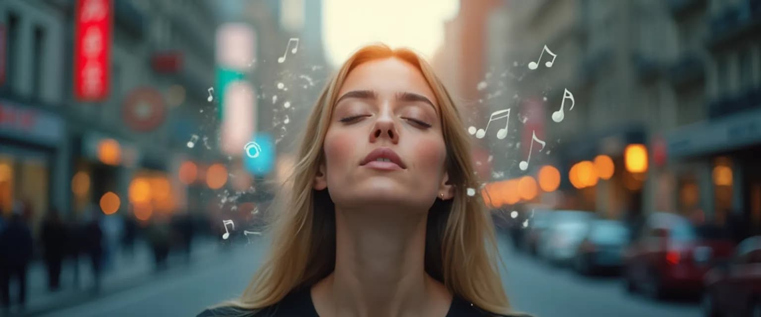 Person practicing sound walking to calm their mind in a busy urban environment