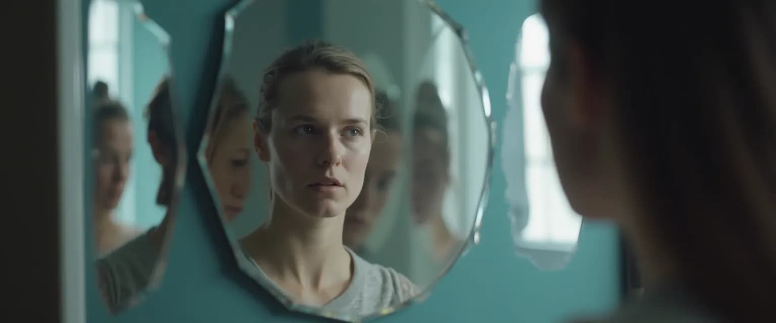 Person reflecting on signs of poor self-awareness while looking in mirror