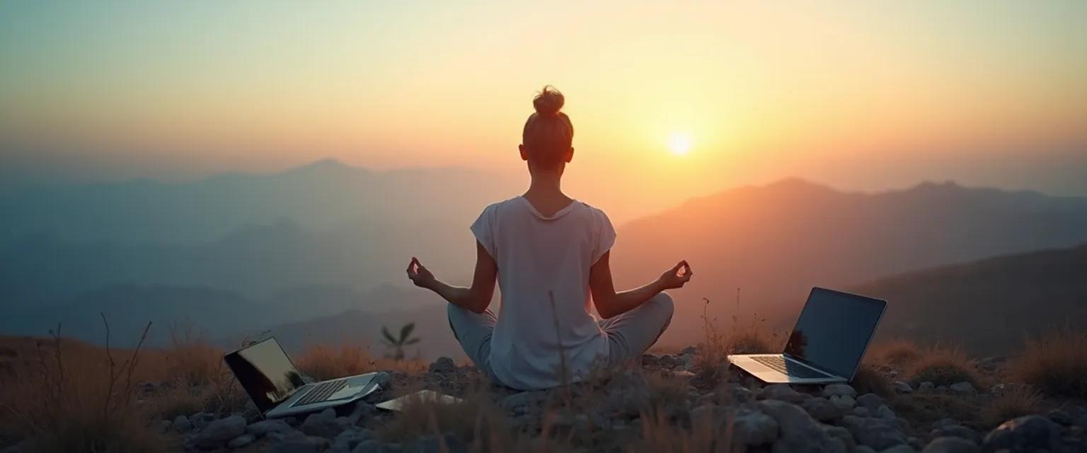 Person practicing inner self awareness during digital detox in peaceful natural setting