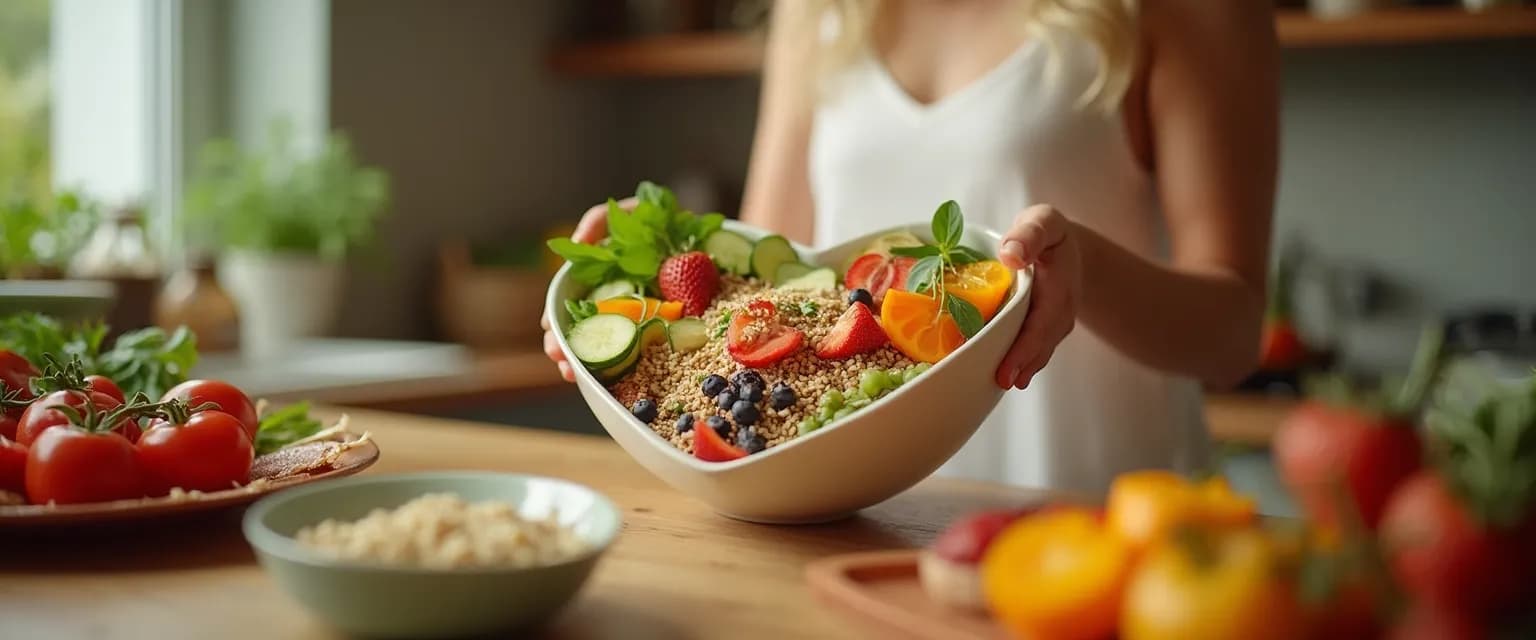 Colorful plate of mood-boosting foods that support heartbreak recovery