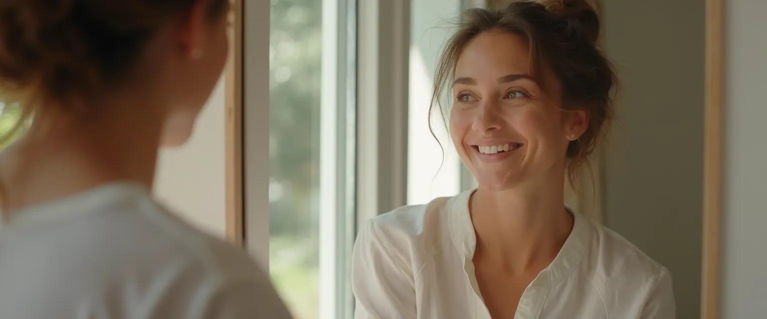 Person confidently embracing health transformations during post-surgery recovery