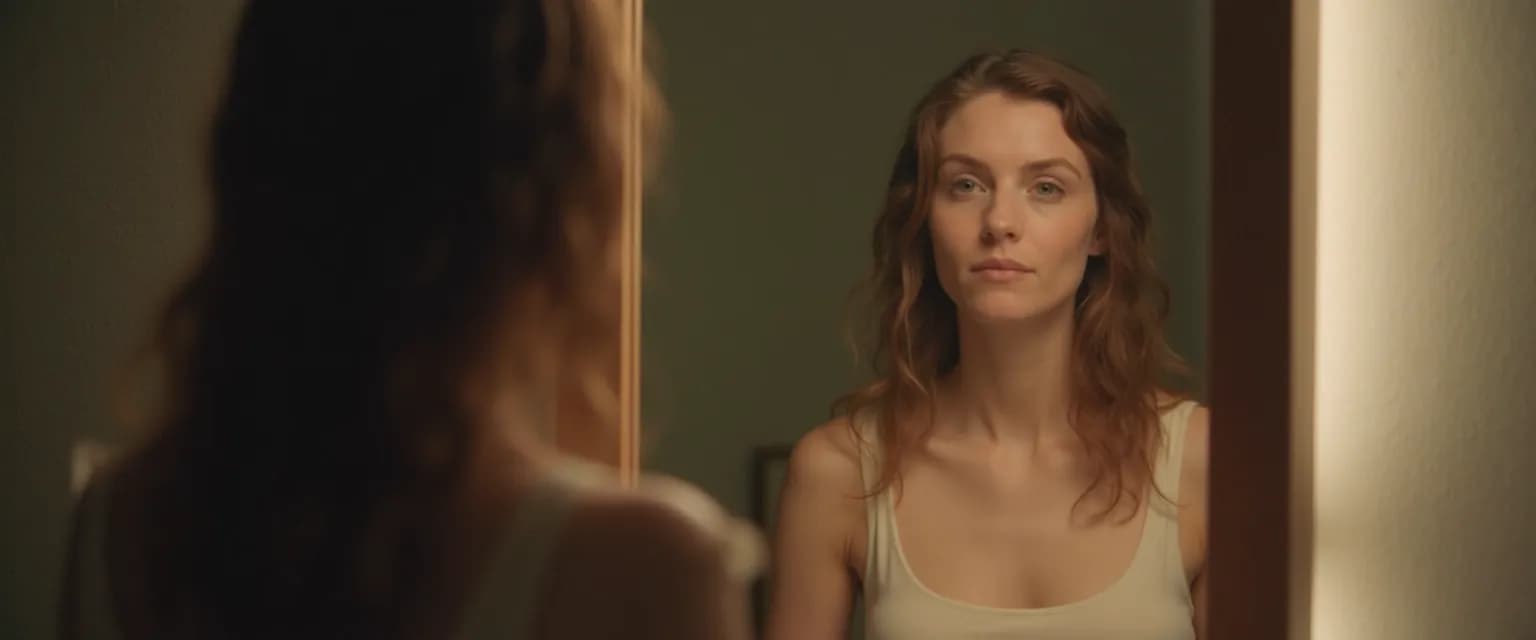 Person practicing mirror dialogues for developing personal confidence and self-awareness