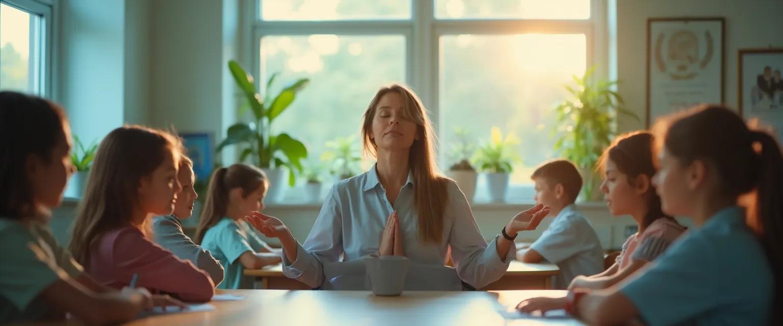 Teacher practicing mindfulness techniques in a challenging classroom situation