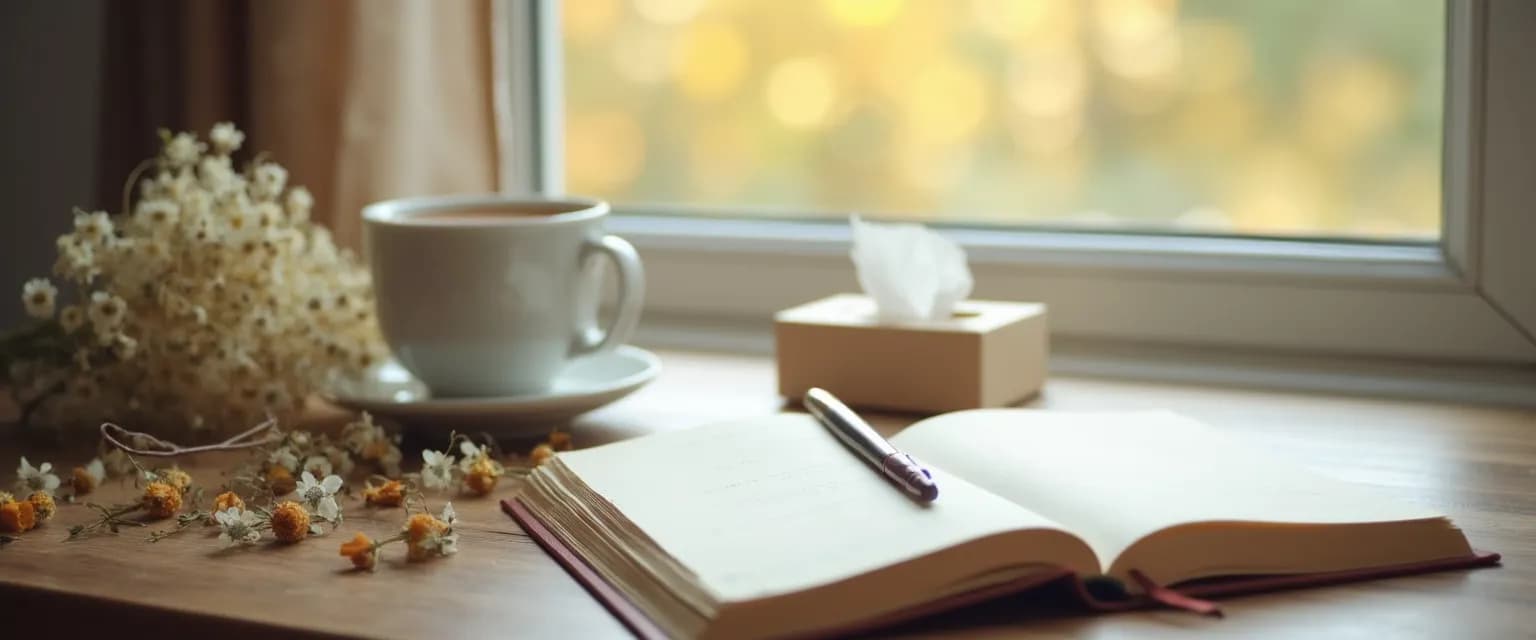 Person writing with journal prompts for grief in a comfortable setting