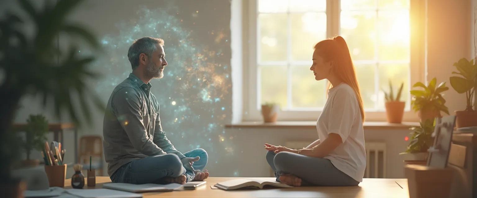 Professional practicing self awareness techniques during a brief break at work