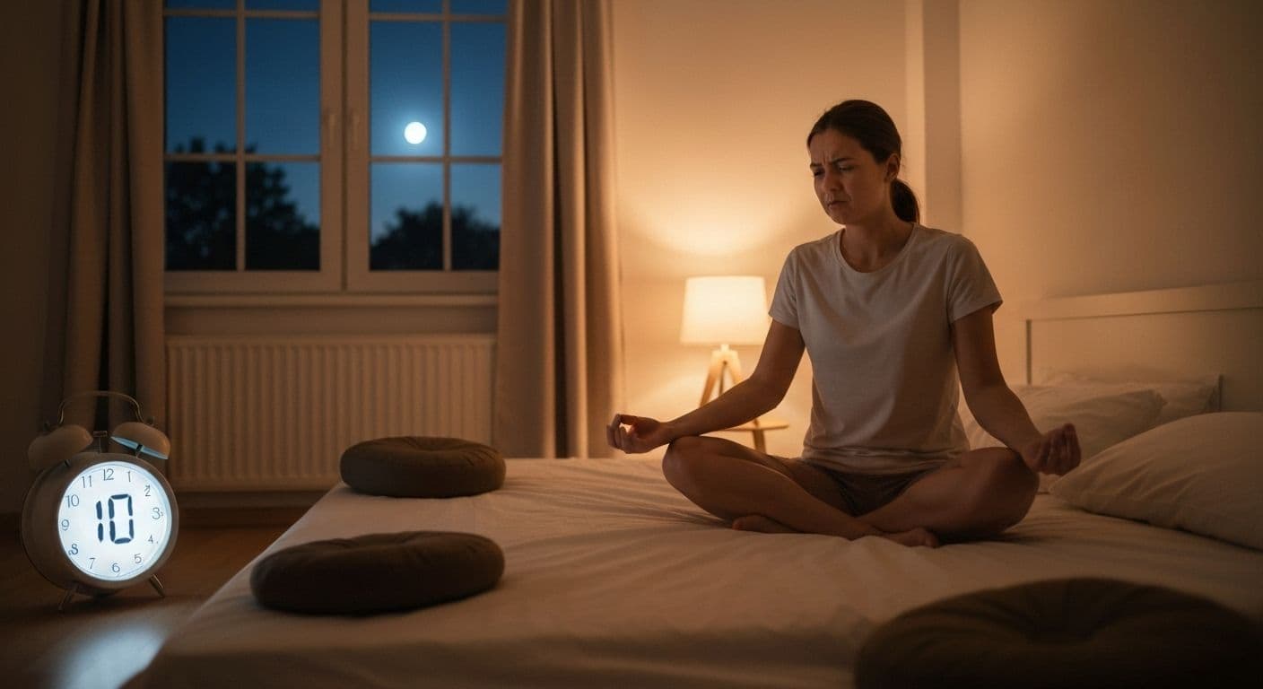 Person peacefully lying in bed practicing 10 minute guided meditation for sleep with calm bedroom lighting