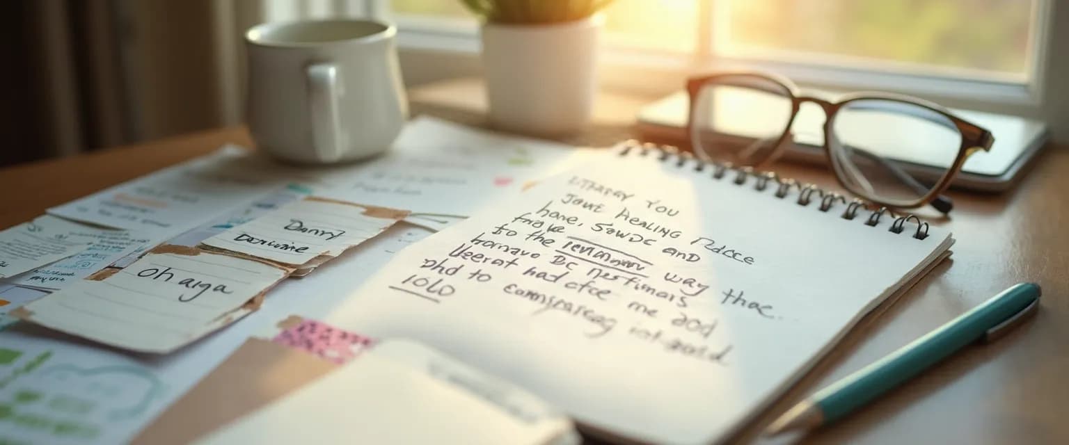 Person using heartbreak help techniques with phone and colorful doodles