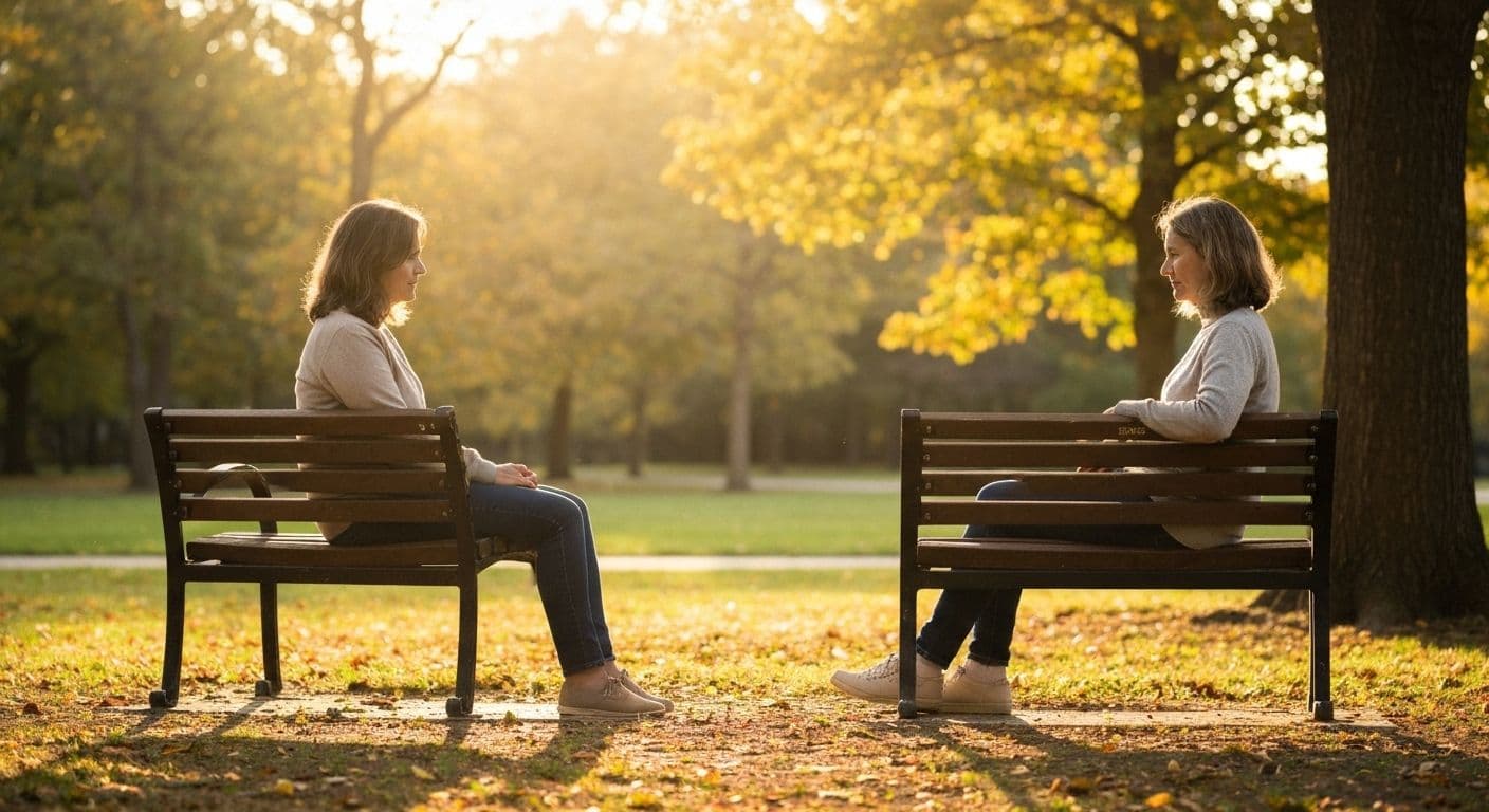 Two people having a friendly conversation outdoors representing healthy breakup advice for staying friends after a relationship ends