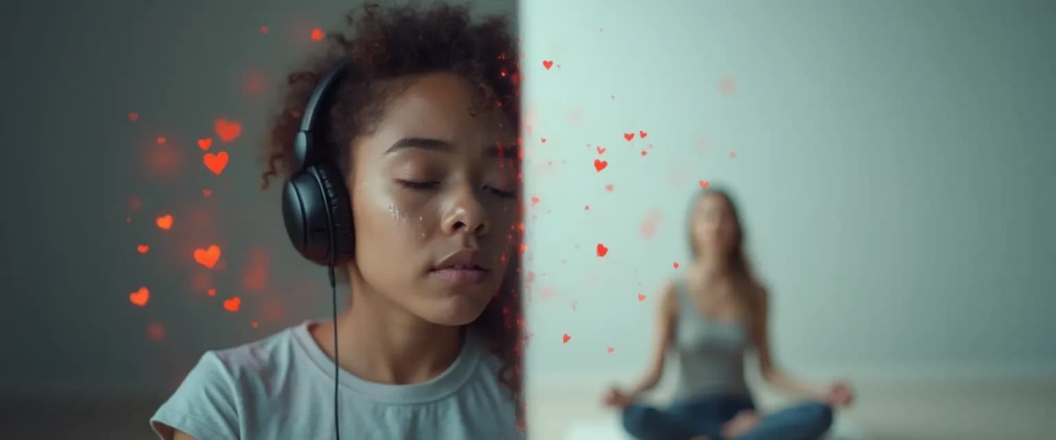 Person feeling sad after breakup choosing between headphones and silence for healing