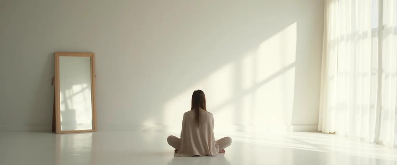 Person practicing self awareness through meditation using mirror technique