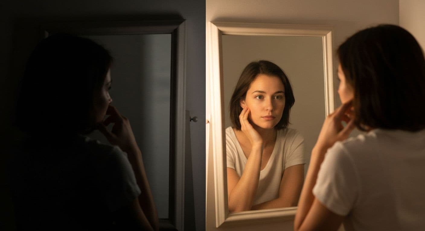 Person practicing critical thinking and self awareness through mindful reflection without self-judgment