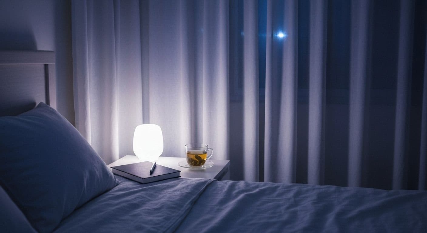 Person peacefully preparing for sleep using mind-calming rituals to quiet racing thoughts at bedtime