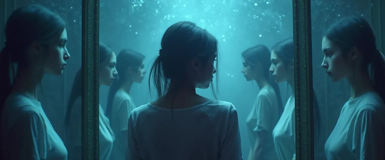 Woman reflecting on self-awareness personality blind spots with thought bubbles showing different perspectives