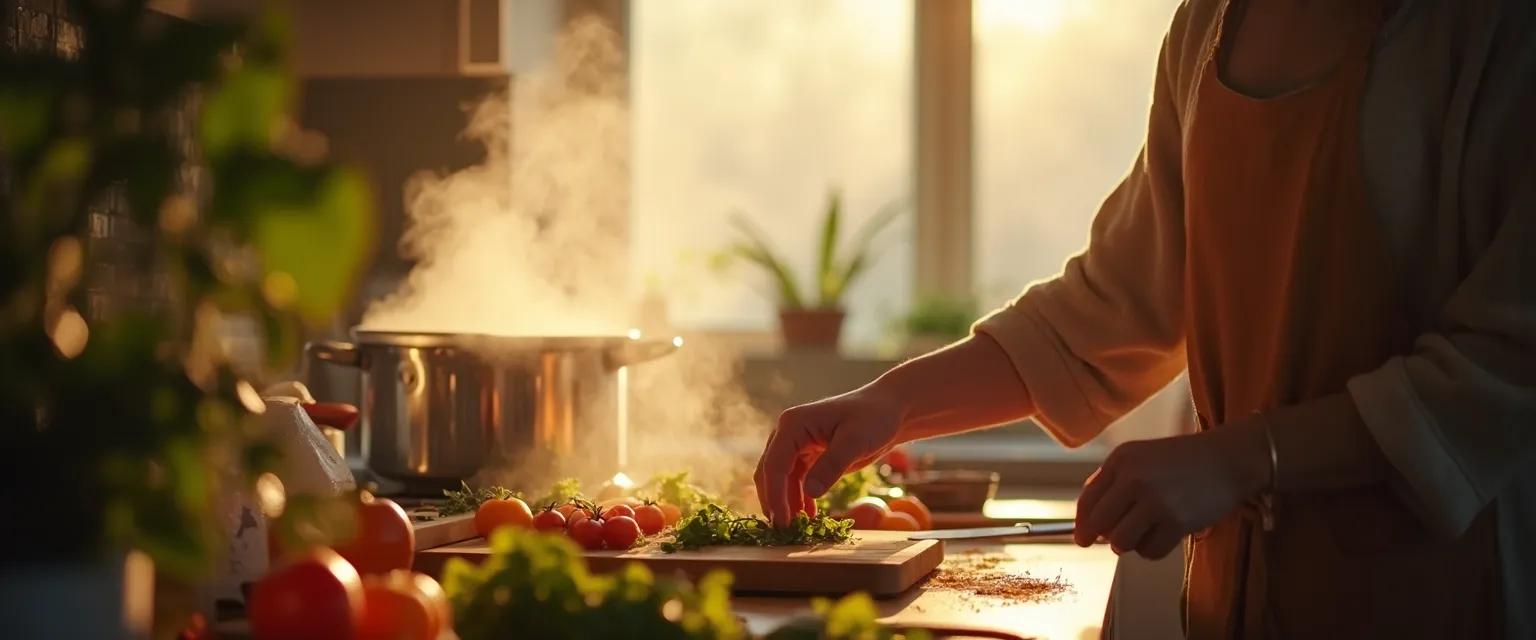 Woman practicing mind full to mindful techniques while cooking in a peaceful kitchen