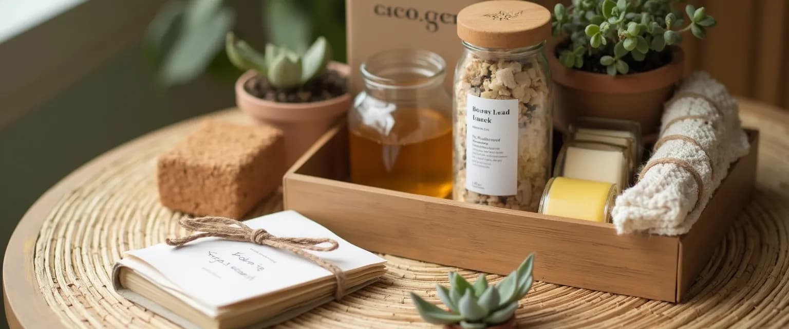Eco-friendly mindfulness gifts arranged in a sustainable basket with natural materials