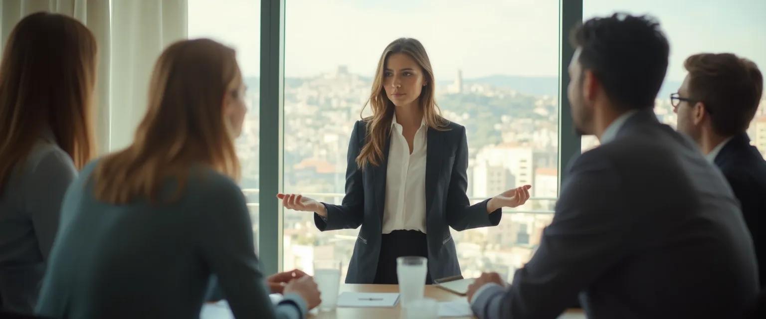 Professional practicing confidence through vulnerability exercise in workplace meeting