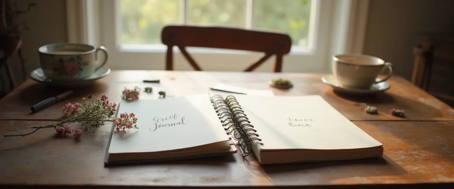 Person writing in journal with grief journaling prompts for emotional healing