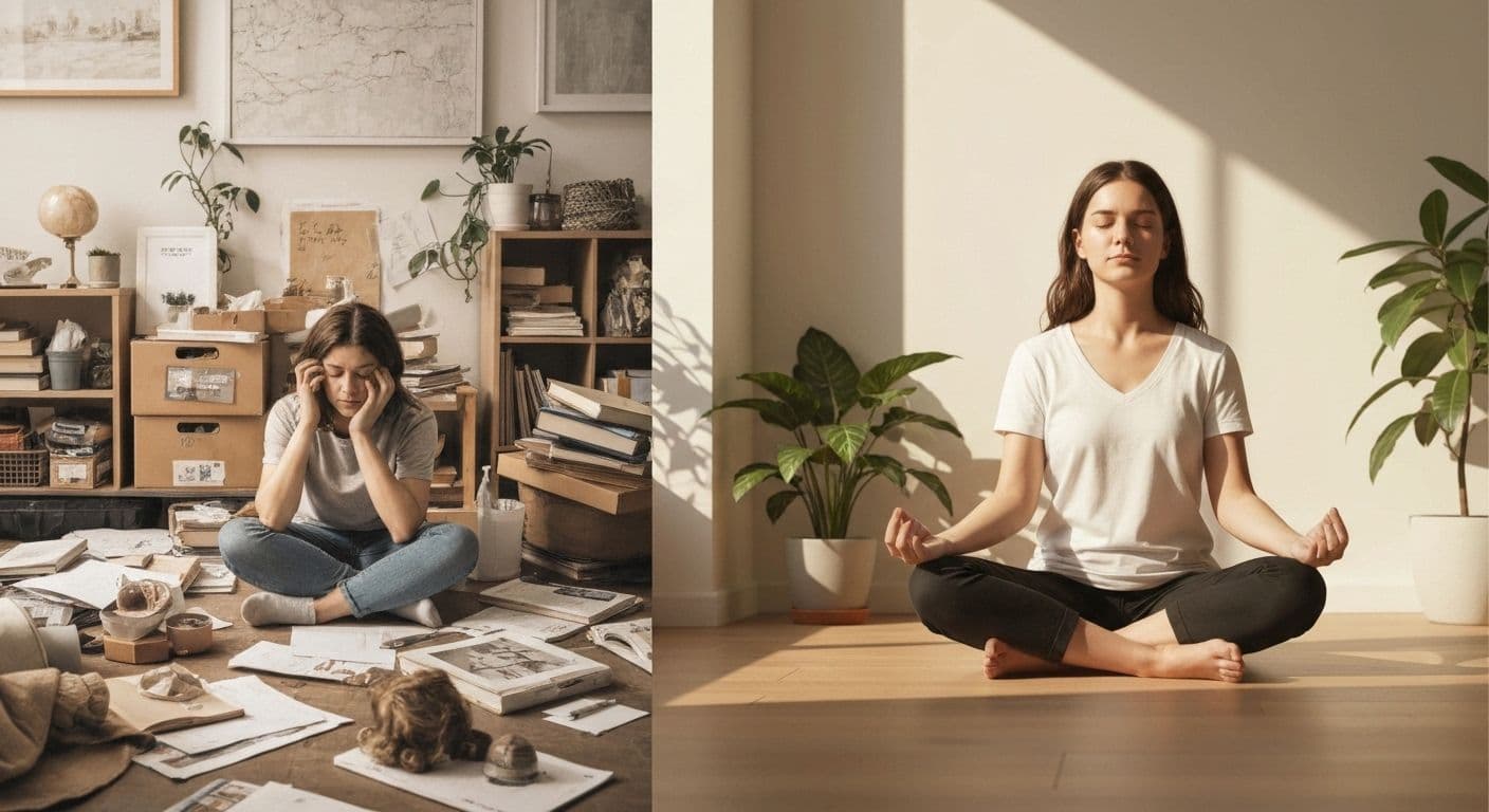 Person reflecting peacefully after completing their year of living mindfully with visible positive transformation