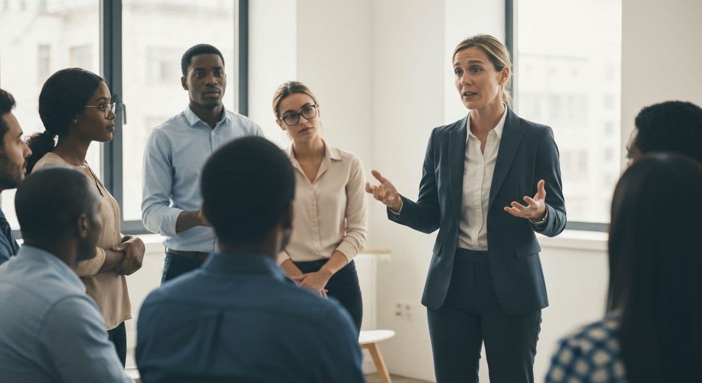 Professional having a supportive conversation about what grief is with their team in a workplace setting