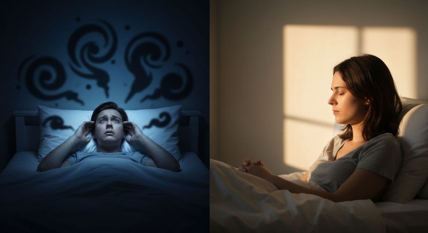 Person practicing calming techniques to soothe a disturbed mind at night before bed