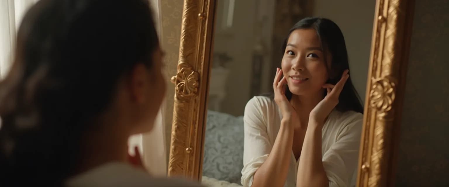 Person practicing self awareness and communication through mirror reflection exercise