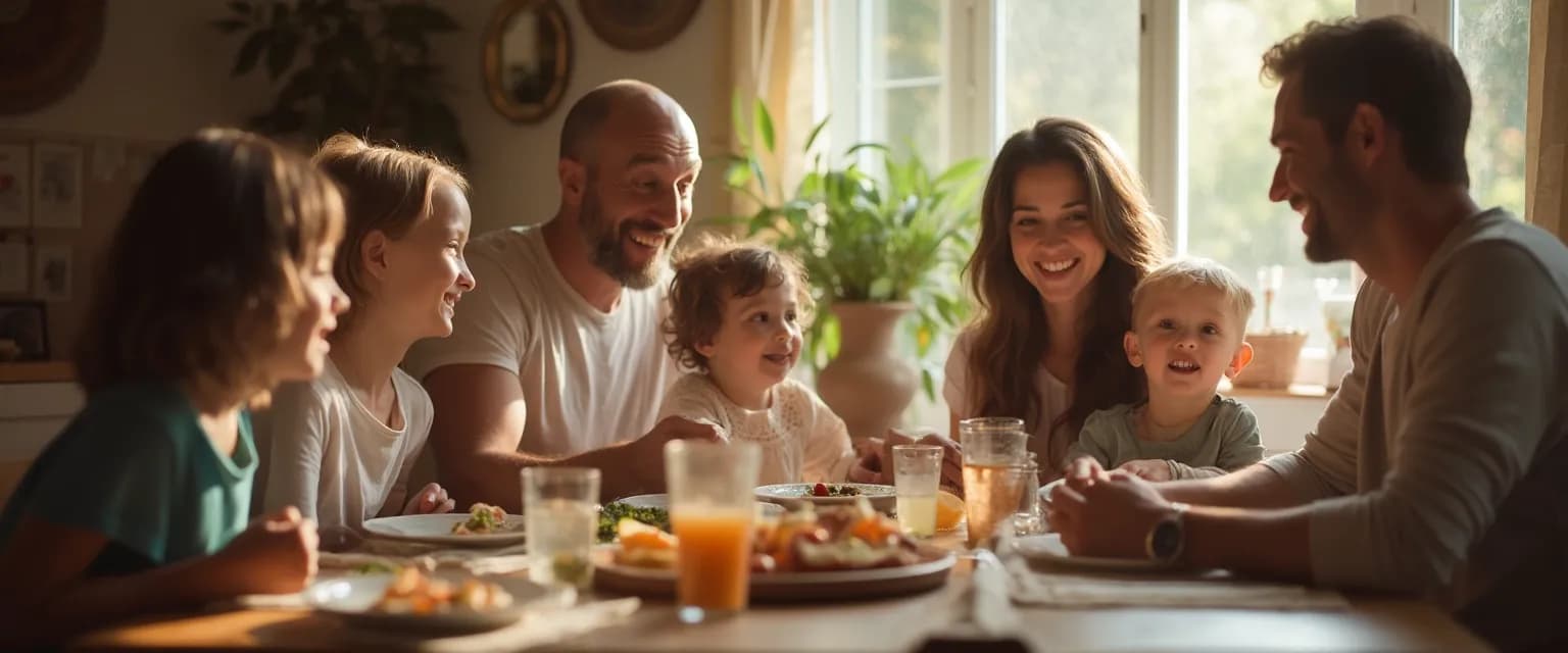Family enjoying dinner while nurturing EQ awareness through meaningful conversation