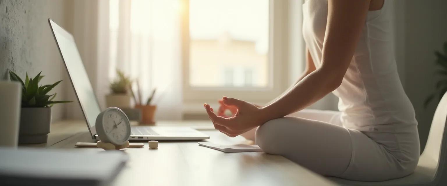 Professional practicing self-awareness meditation at desk during a busy workday