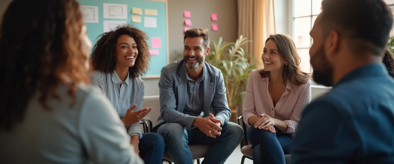 Professionals practicing social awareness and relationship management exercises during a workplace conversation