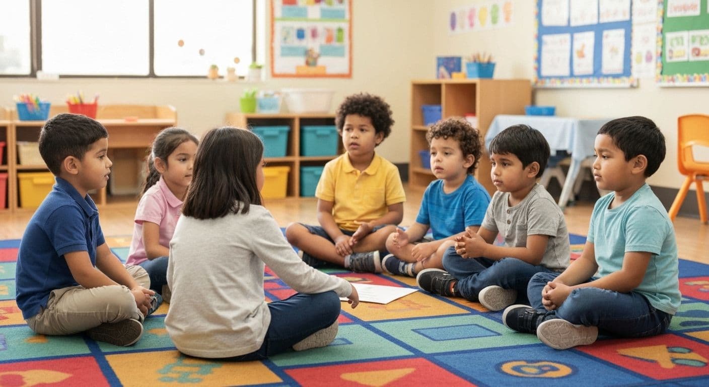 Preschool teacher leading circle time activities focused on self awareness in early childhood education with diverse group of 3-5 year olds