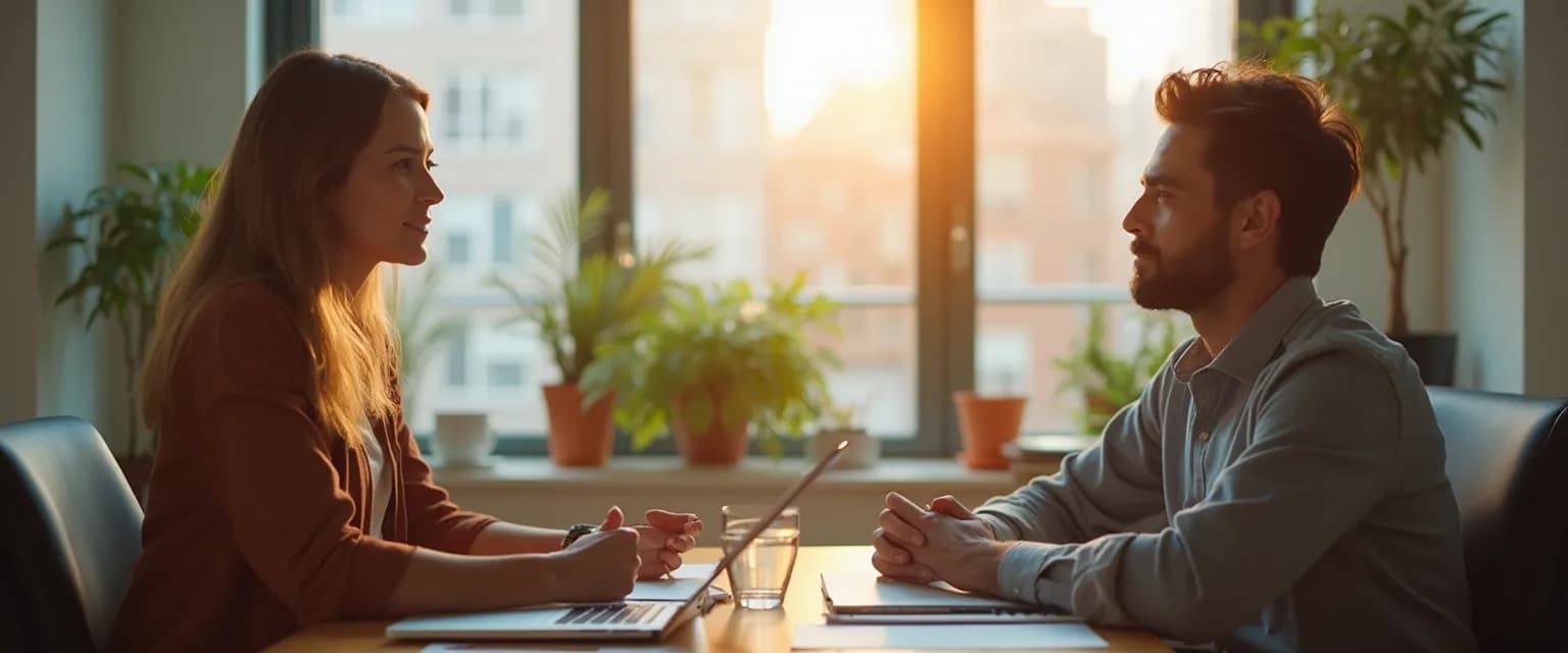 Manager using coaching and emotional intelligence techniques with team members in a workplace meeting