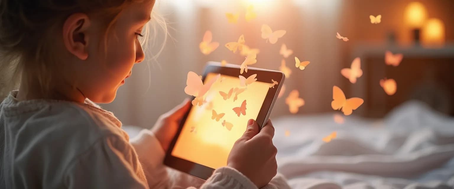 Child using grief apps on tablet with supportive parent nearby