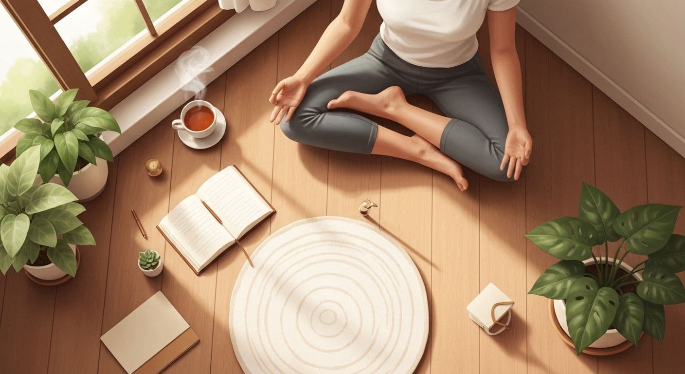 Person practicing mind balance techniques during a chaotic workday, looking calm and centered