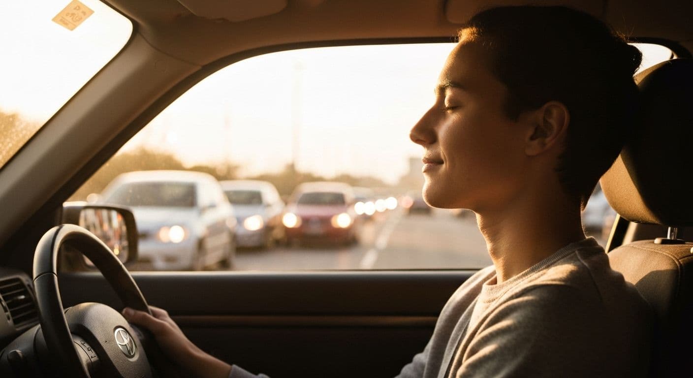 Person practicing Alan Watts self awareness techniques while driving in traffic, observing emotions with mindful detachment