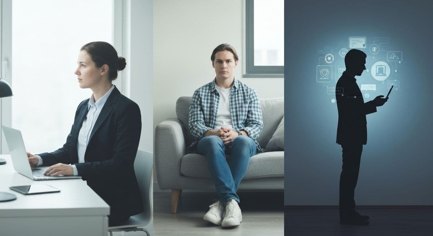 Person reflecting on self awareness and identity across different life contexts including work, home, and online environments