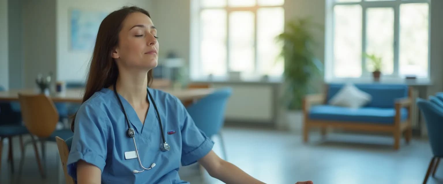 Healthcare professional practicing NHS mindfulness technique during a short break