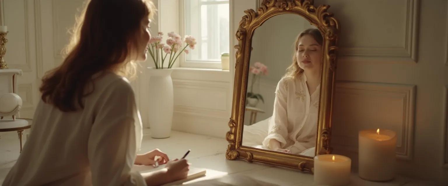 Person practicing private self-awareness through reflection in a mirror