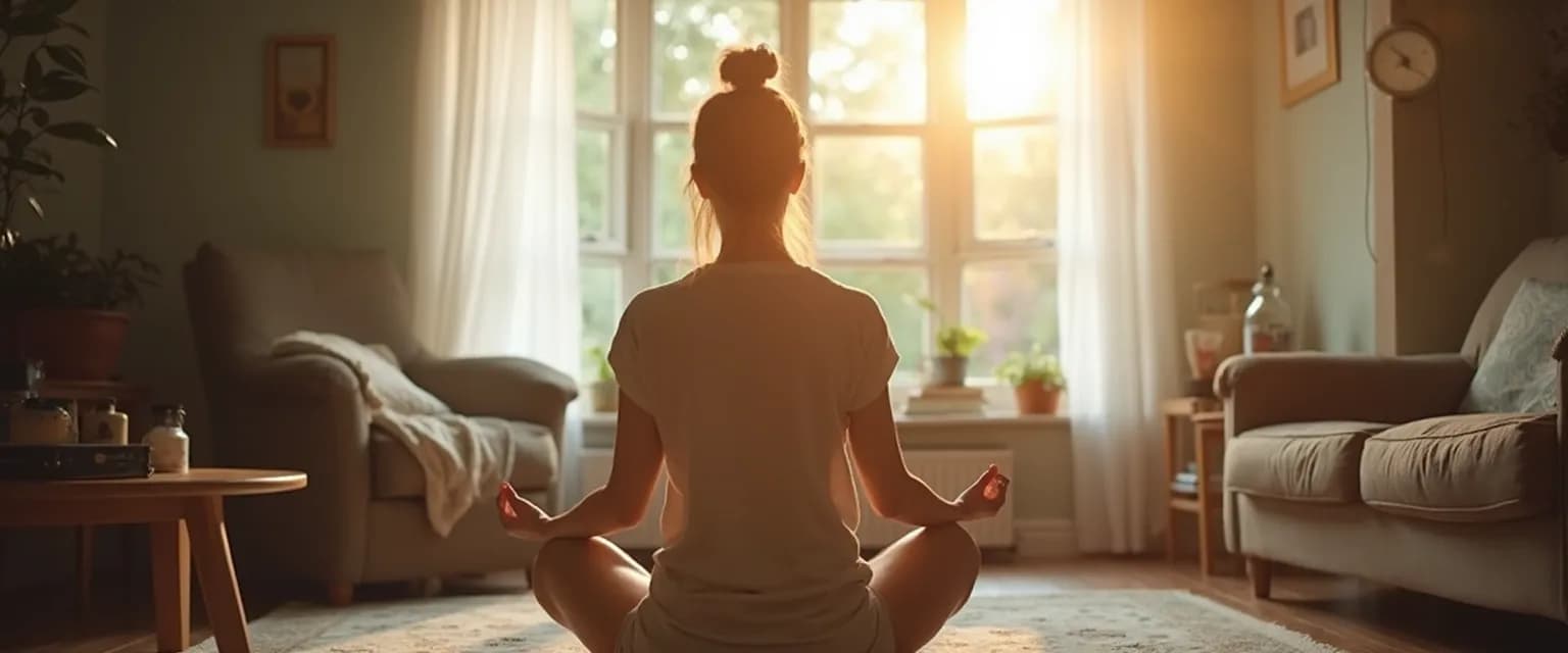 Person practicing mindfulness meditation for anxiety in a busy cafe environment