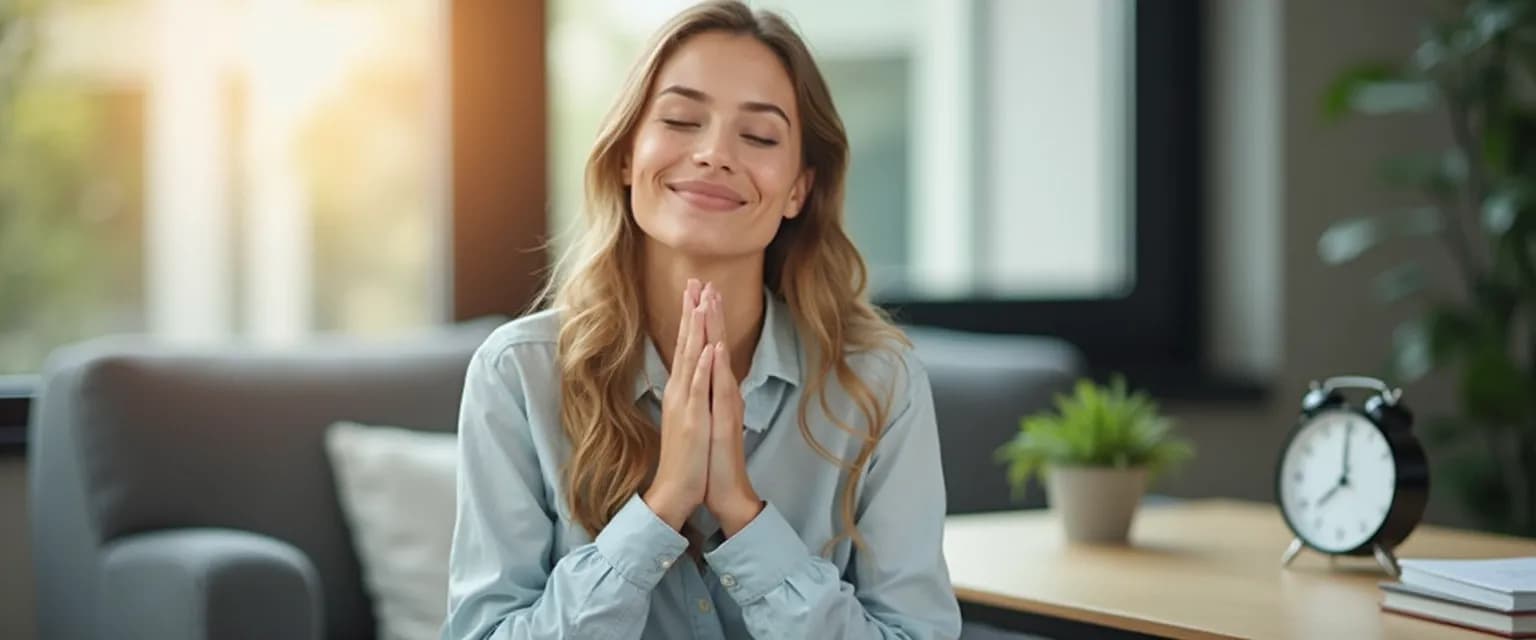 Woman practicing 5-minute mindfulness technique at desk showing what mindfulness is in practice