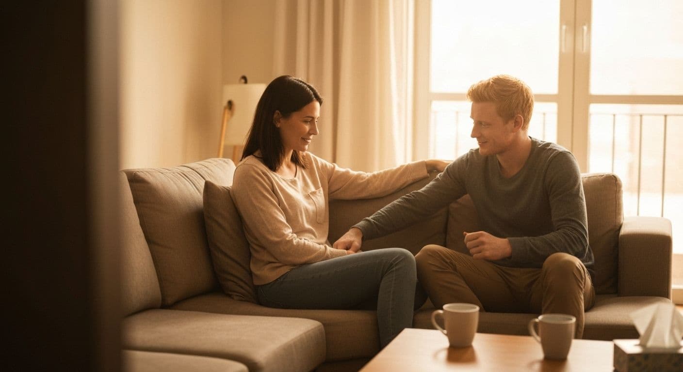 Two friends having a supportive conversation about helping a friend through a breakup while maintaining healthy boundaries