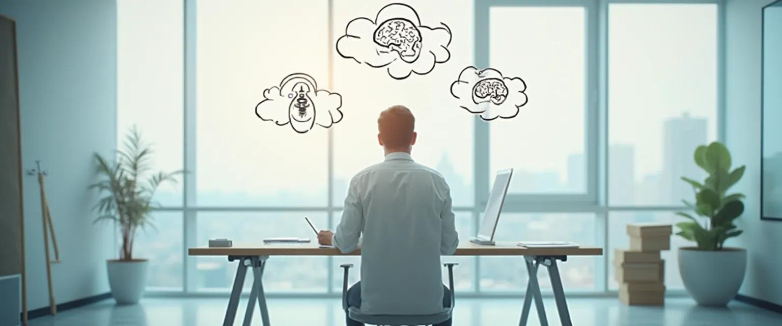 Professional using mindset therapy techniques at desk during workplace challenge