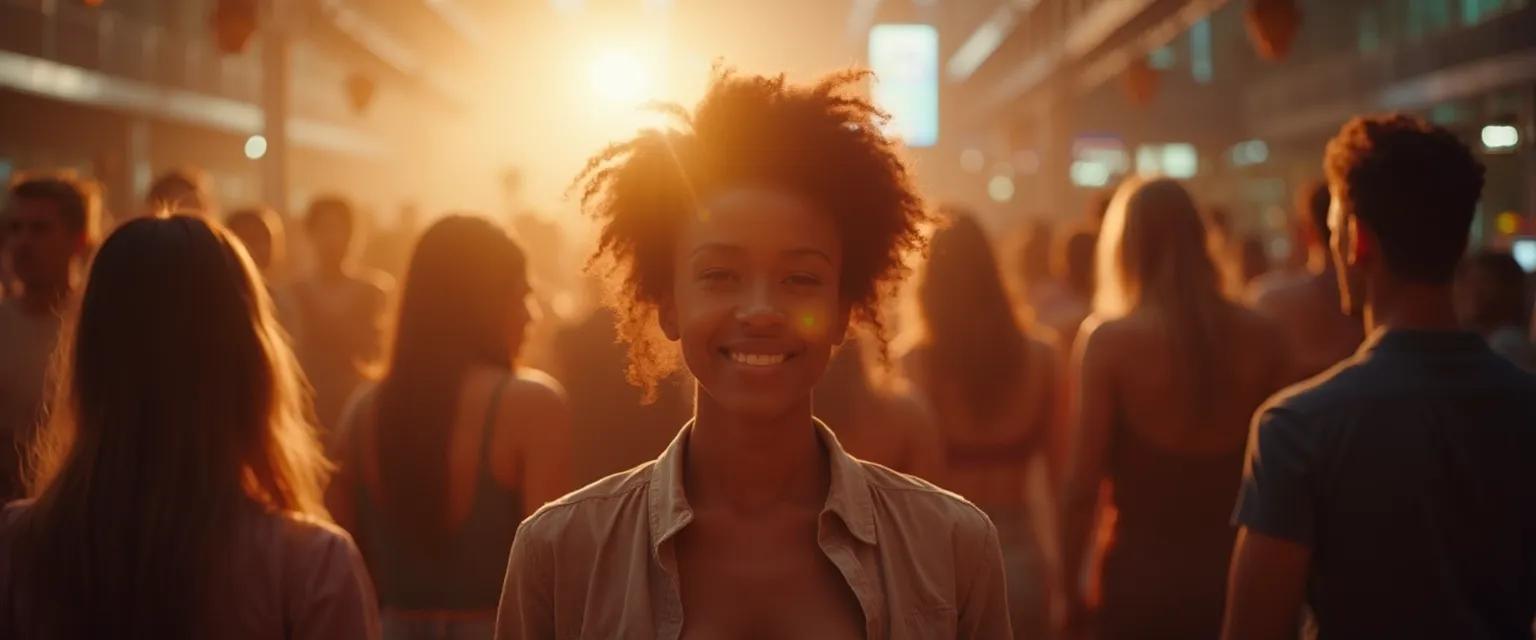 Person confidently mingling at a party, showcasing social comfort and gathering assurance in a lively atmosphere