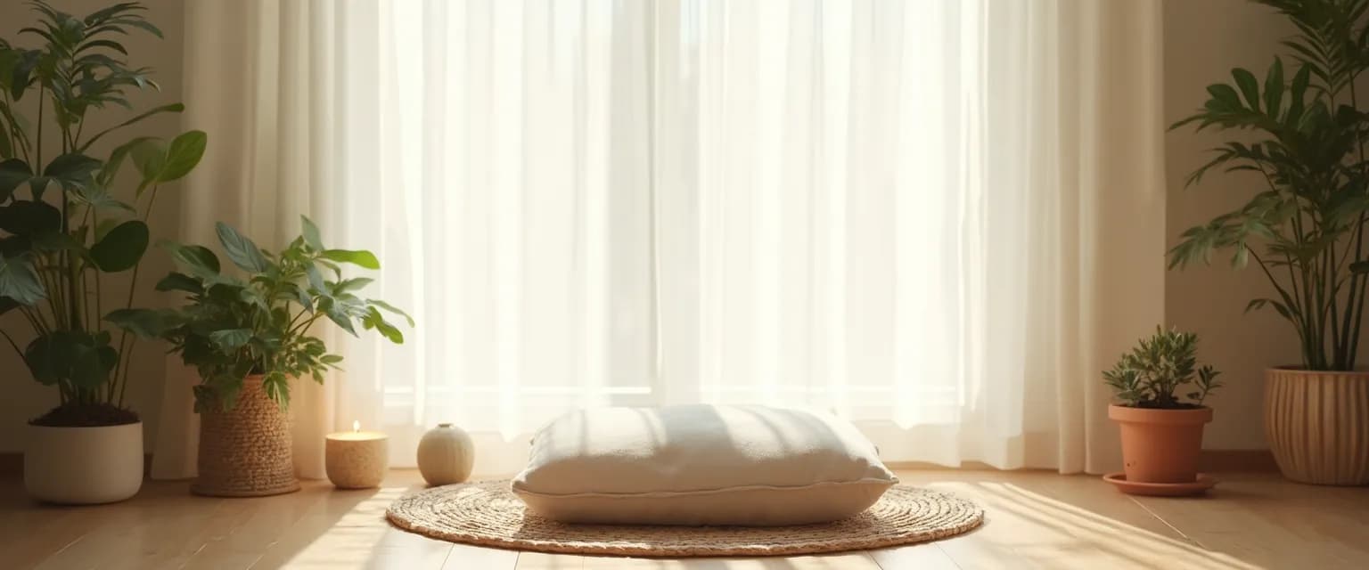 Portable mindfulness center setup with essential meditation items in a living room