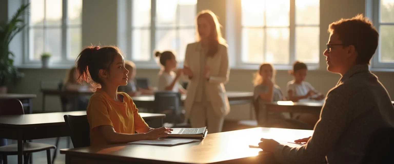 Teacher guiding students through mindfulness in the classroom exercise during lesson transition