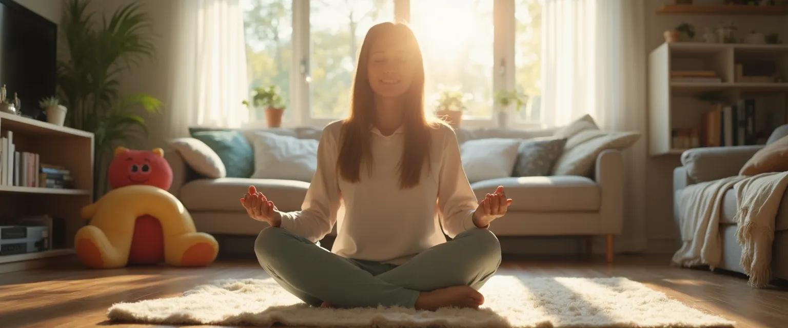 Parent practicing Mark Williams' 10-min sitting meditation while children play nearby