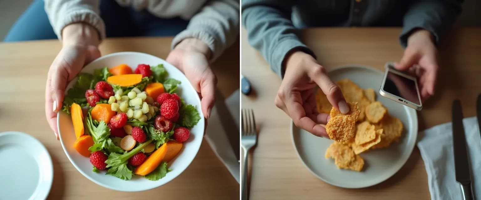 Person practicing mindfull eating with a nutritious meal versus mindless snacking