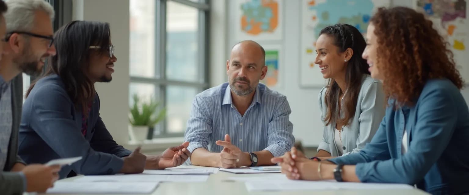 Professional demonstrating confidence in intercultural communication during a diverse business meeting