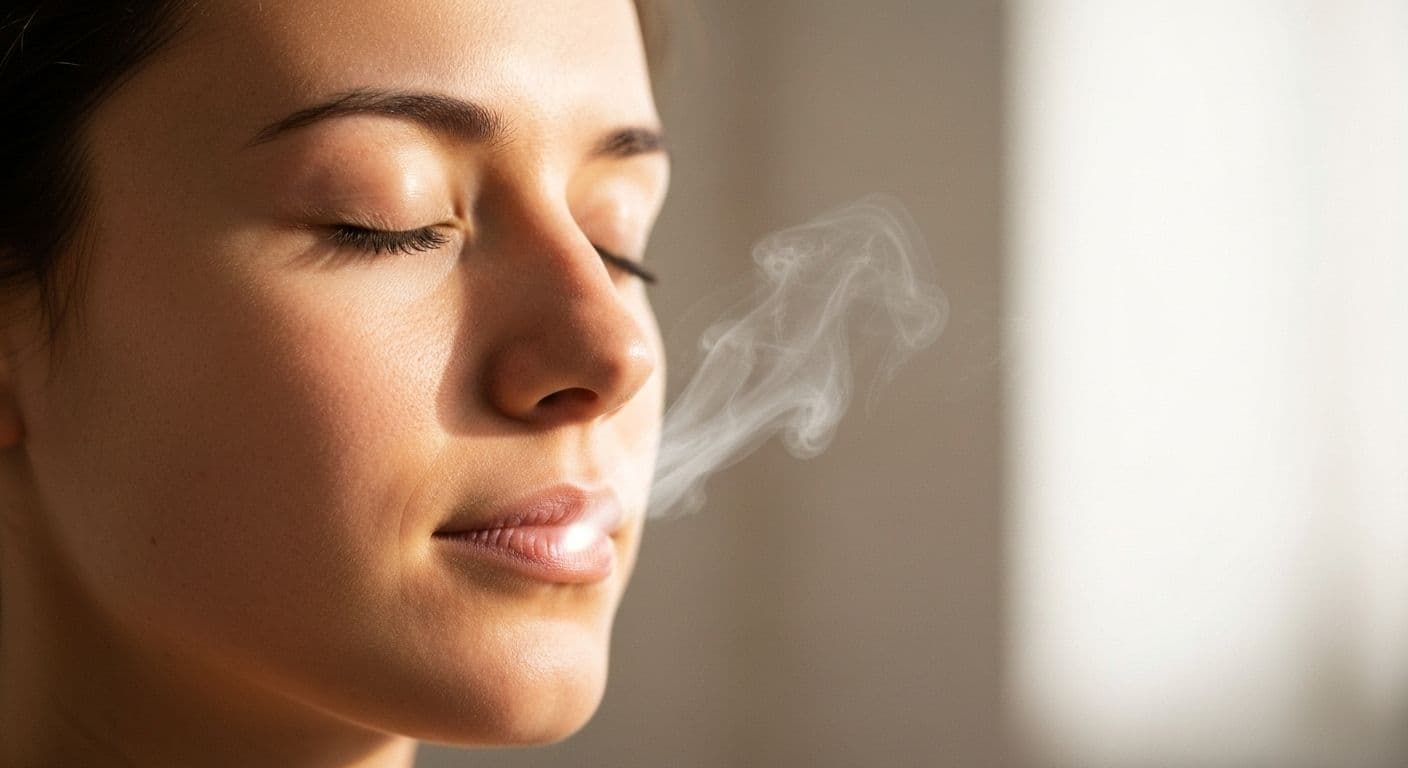 Person practicing mindful breathing meditation to calm the mind in office setting